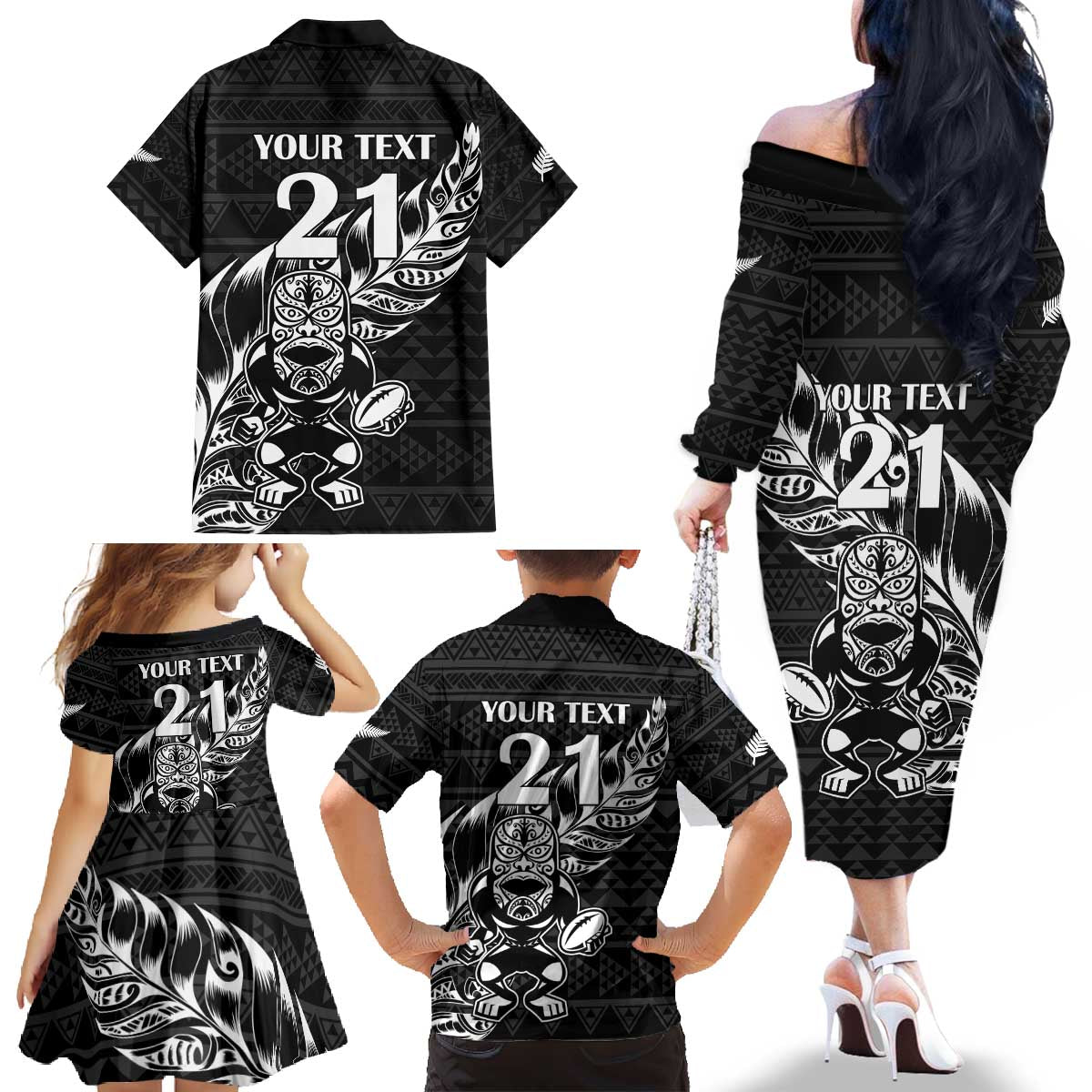 New Zealand Rugby Warrior Custom Family Matching Off The Shoulder Long Sleeve Dress and Hawaiian Shirt Black Fern Taniko Motif LT9 - Polynesian Pride