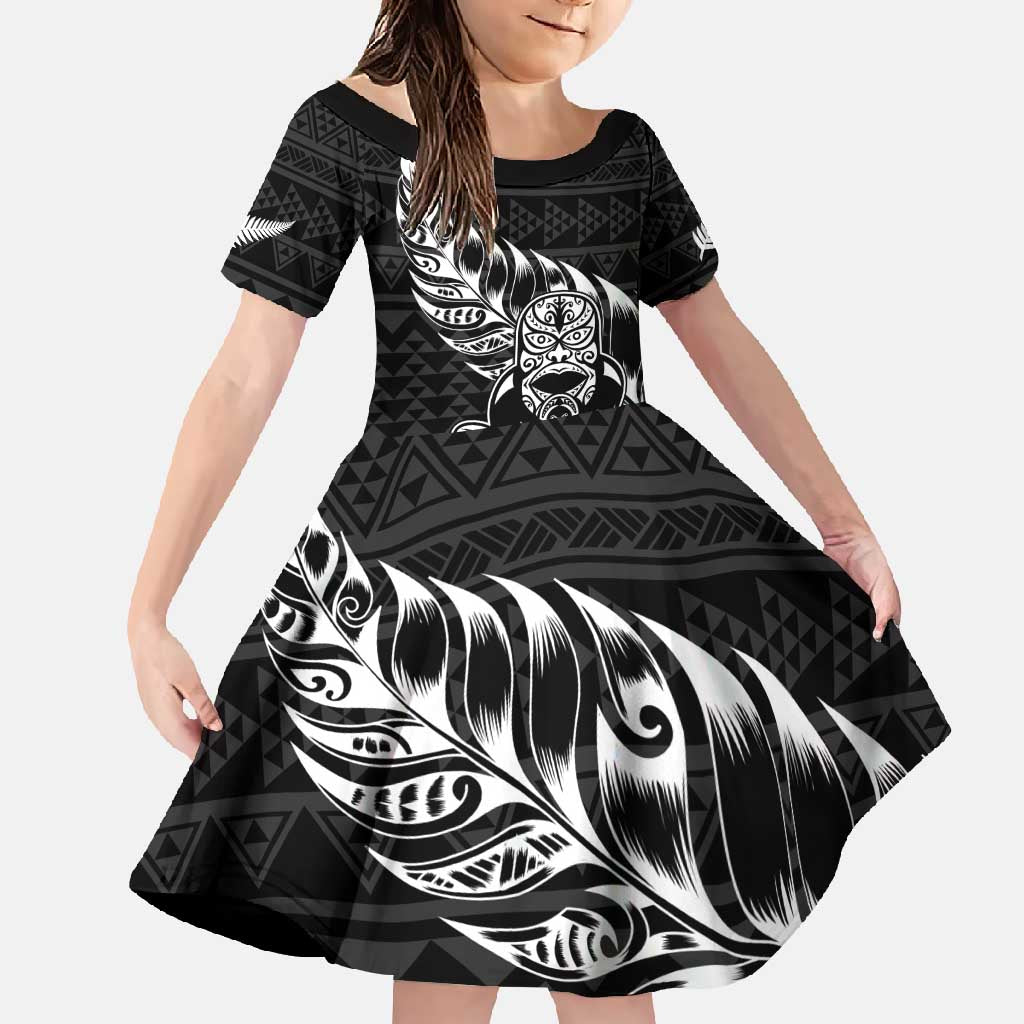 New Zealand Rugby Warrior Custom Family Matching Off Shoulder Maxi Dress and Hawaiian Shirt Black Fern Taniko Motif LT9 Daughter's Dress Black - Polynesian Pride