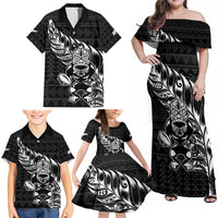 New Zealand Rugby Warrior Custom Family Matching Off Shoulder Maxi Dress and Hawaiian Shirt Black Fern Taniko Motif LT9 - Polynesian Pride