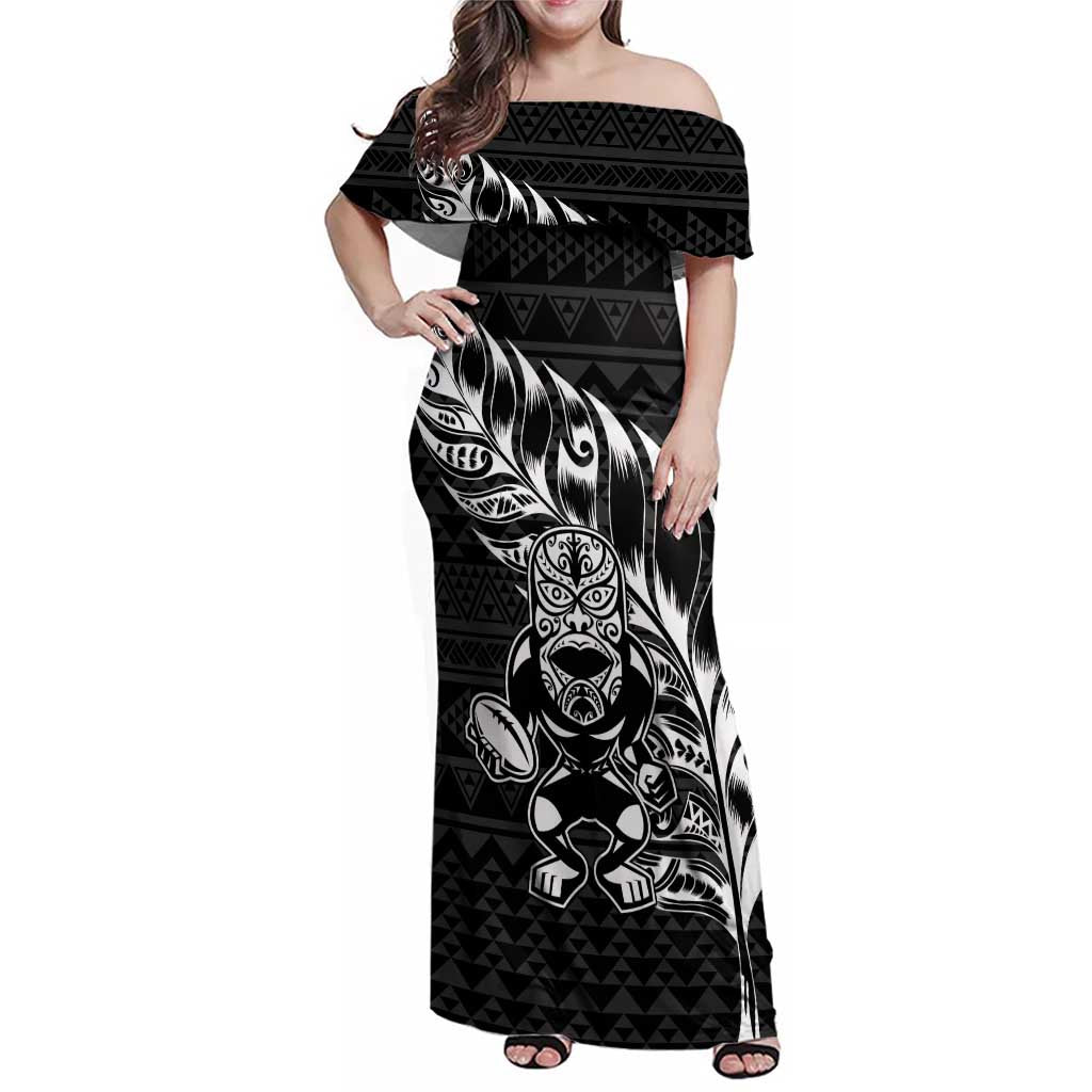 New Zealand Rugby Warrior Custom Family Matching Off Shoulder Maxi Dress and Hawaiian Shirt Black Fern Taniko Motif LT9 Mom's Dress Black - Polynesian Pride