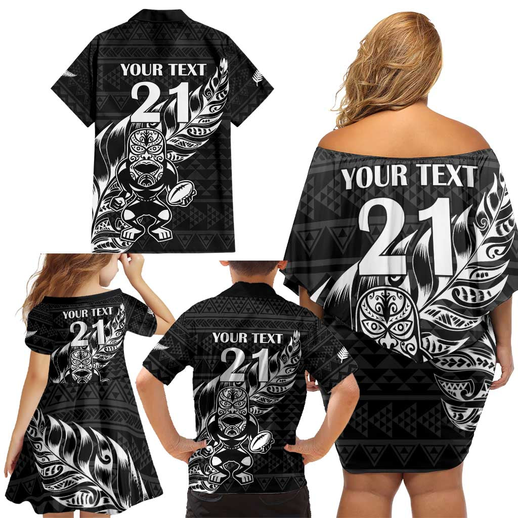 New Zealand Rugby Warrior Custom Family Matching Off Shoulder Short Dress and Hawaiian Shirt Black Fern Taniko Motif LT9 - Polynesian Pride