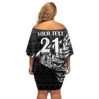New Zealand Rugby Warrior Custom Family Matching Off Shoulder Short Dress and Hawaiian Shirt Black Fern Taniko Motif LT9 - Polynesian Pride