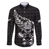 New Zealand Rugby Warrior Custom Family Matching Puletasi and Hawaiian Shirt Black Fern Taniko Motif LT9 Dad's Shirt - Long Sleeve Black - Polynesian Pride
