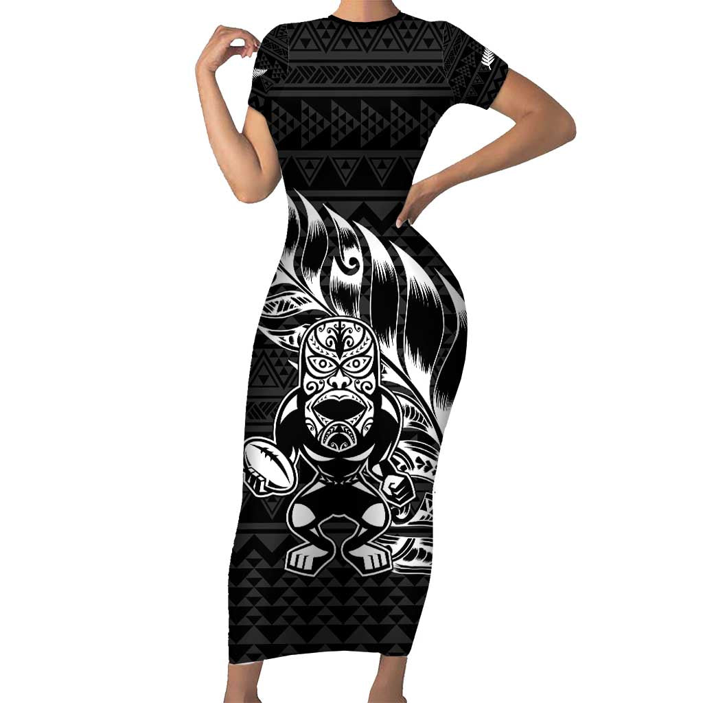 New Zealand Rugby Warrior Custom Family Matching Short Sleeve Bodycon Dress and Hawaiian Shirt Black Fern Taniko Motif LT9 Mom's Dress Black - Polynesian Pride