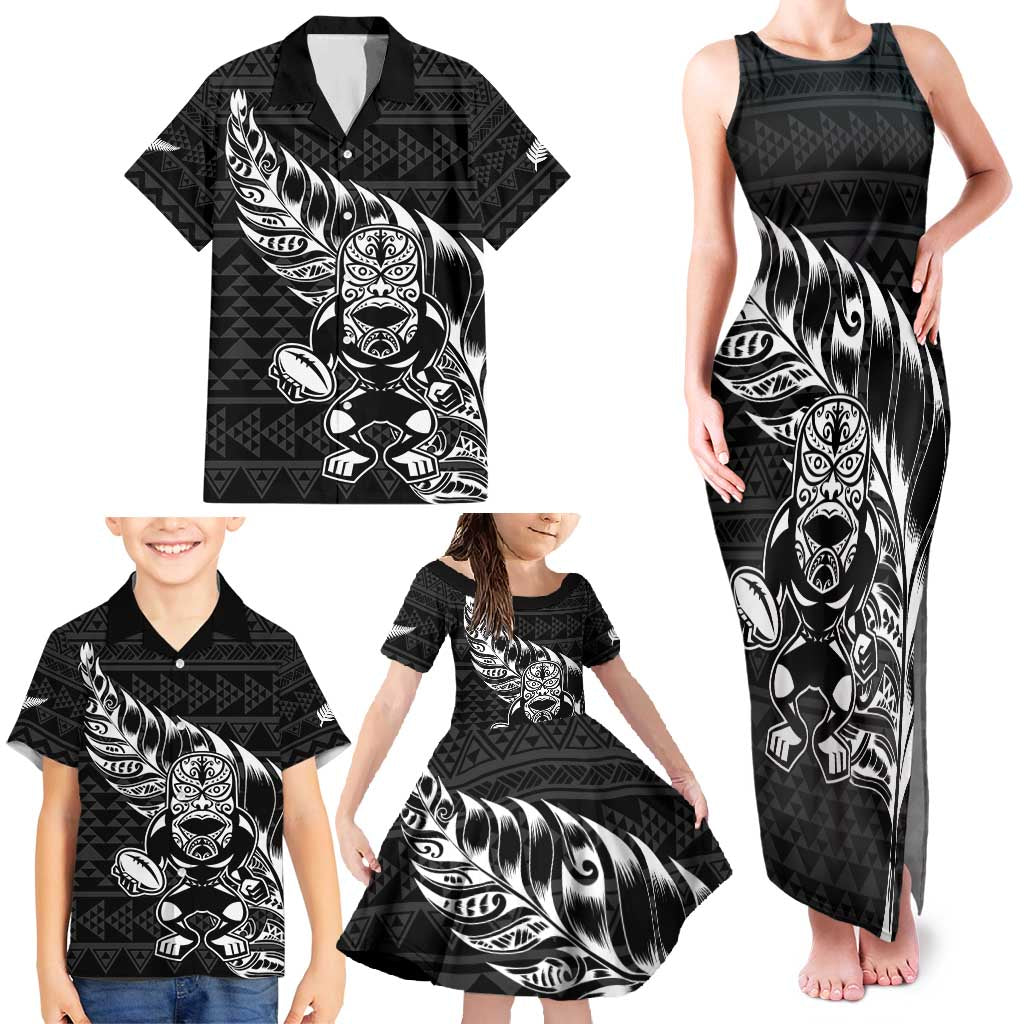 New Zealand Rugby Warrior Custom Family Matching Tank Maxi Dress and Hawaiian Shirt Black Fern Taniko Motif LT9 - Polynesian Pride