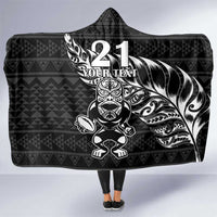New Zealand Rugby Warrior Custom Hooded Blanket Black Fern Taniko Motif LT9 One Size Black - Polynesian Pride