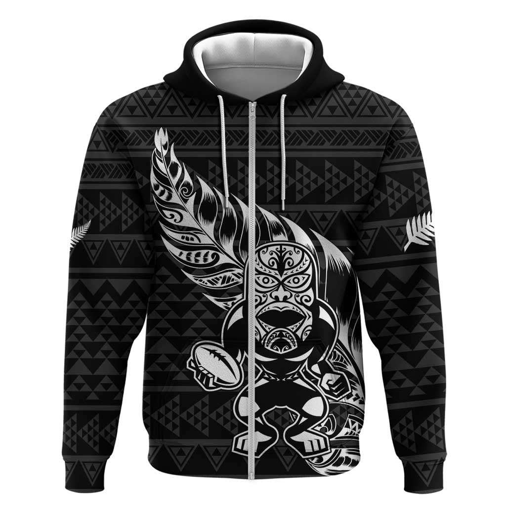 New Zealand Rugby Warrior Custom Hoodie Black Fern Taniko Motif LT9 Zip Hoodie Black - Polynesian Pride