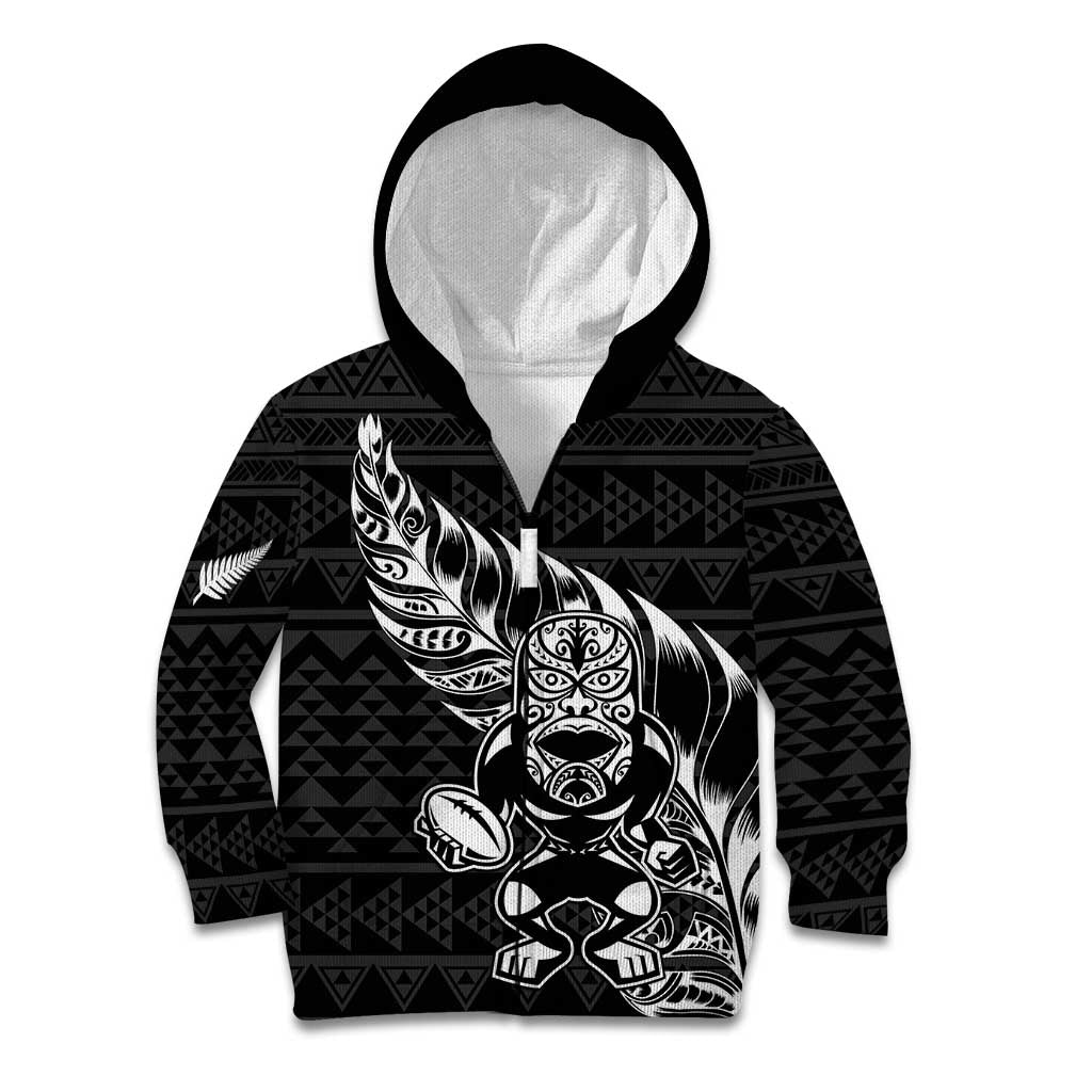 New Zealand Rugby Warrior Custom Kid Hoodie Black Fern Taniko Motif LT9 Zip Hoodie Black - Polynesian Pride