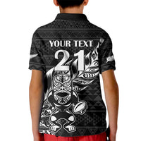 New Zealand Rugby Warrior Custom Kid Polo Shirt Black Fern Taniko Motif LT9 - Polynesian Pride