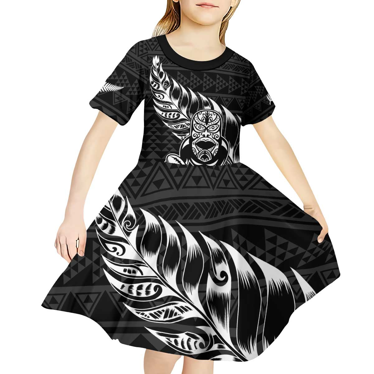 New Zealand Rugby Warrior Custom Kid Short Sleeve Dress Black Fern Taniko Motif LT9 - Polynesian Pride
