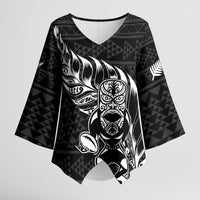 New Zealand Rugby Warrior Custom Kimono Sleeve Blouse Black Fern Taniko Motif LT9 Female Black - Polynesian Pride