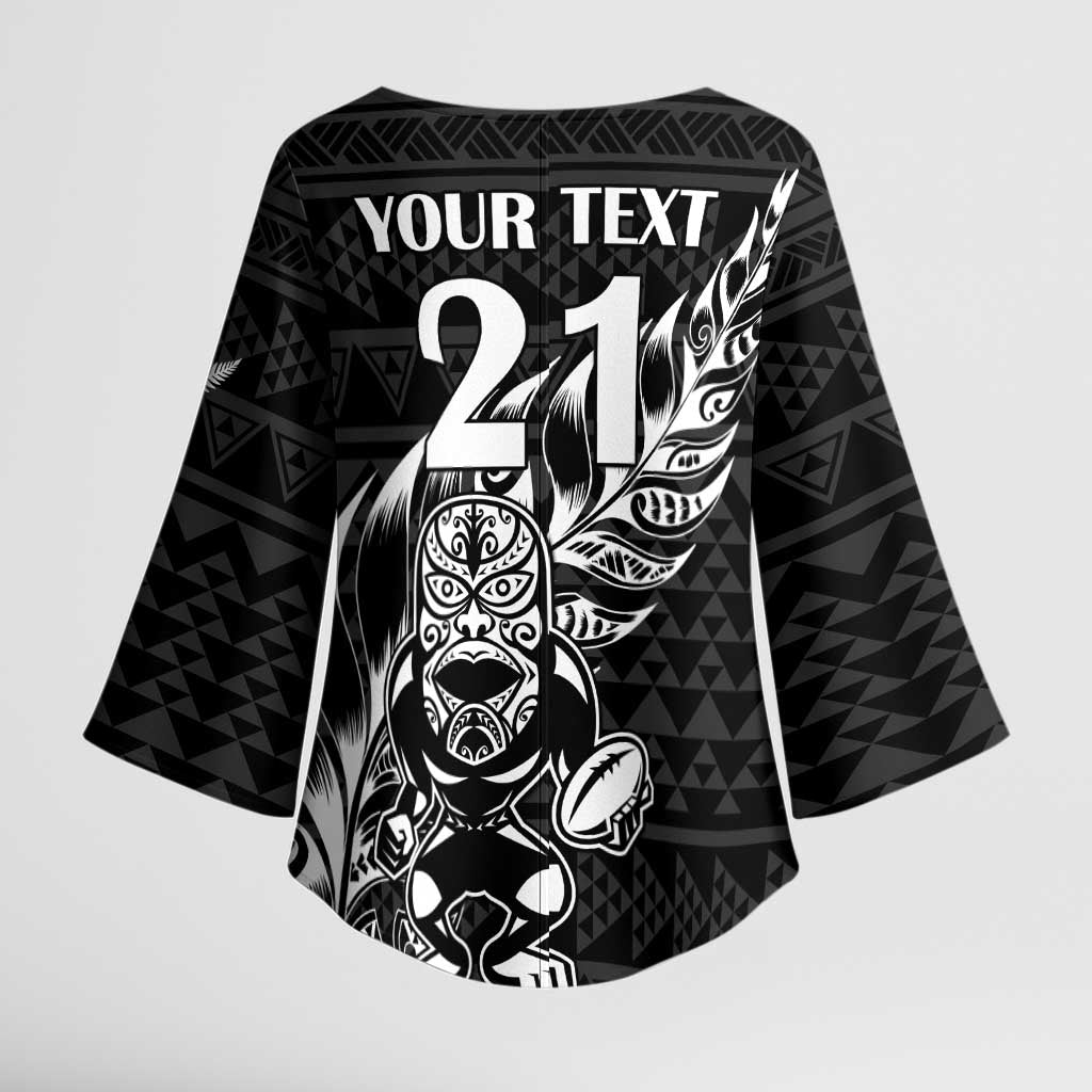 New Zealand Rugby Warrior Custom Kimono Sleeve Blouse Black Fern Taniko Motif LT9 - Polynesian Pride