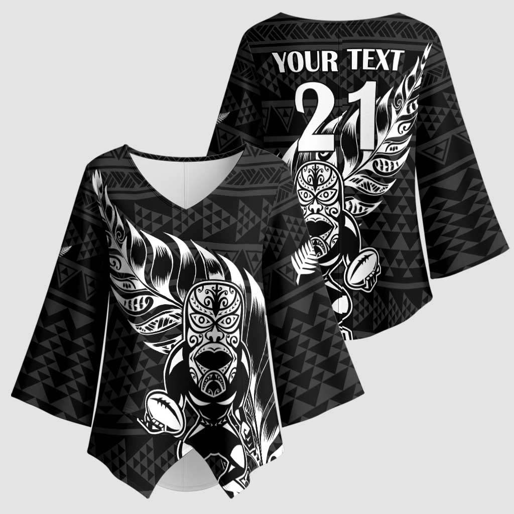 New Zealand Rugby Warrior Custom Kimono Sleeve Blouse Black Fern Taniko Motif LT9 - Polynesian Pride