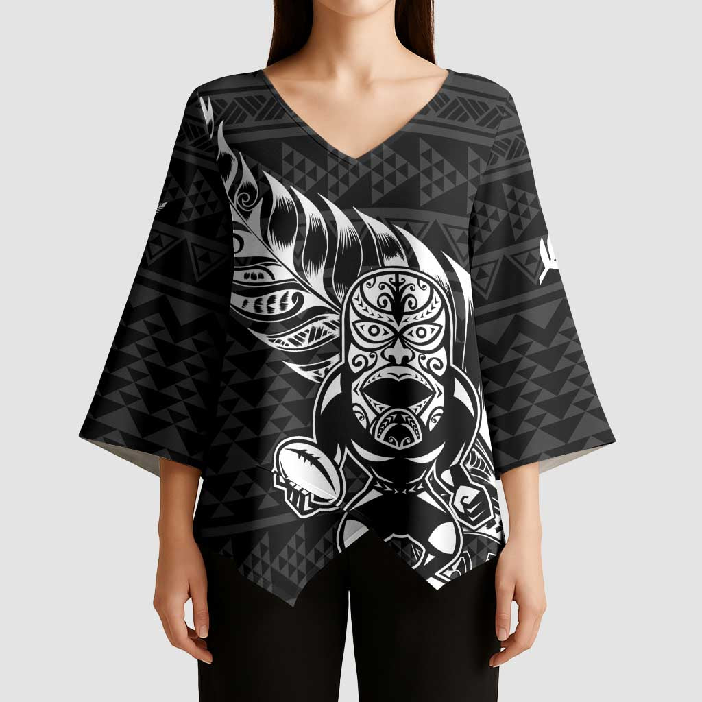 New Zealand Rugby Warrior Custom Kimono Sleeve Blouse Black Fern Taniko Motif LT9 - Polynesian Pride