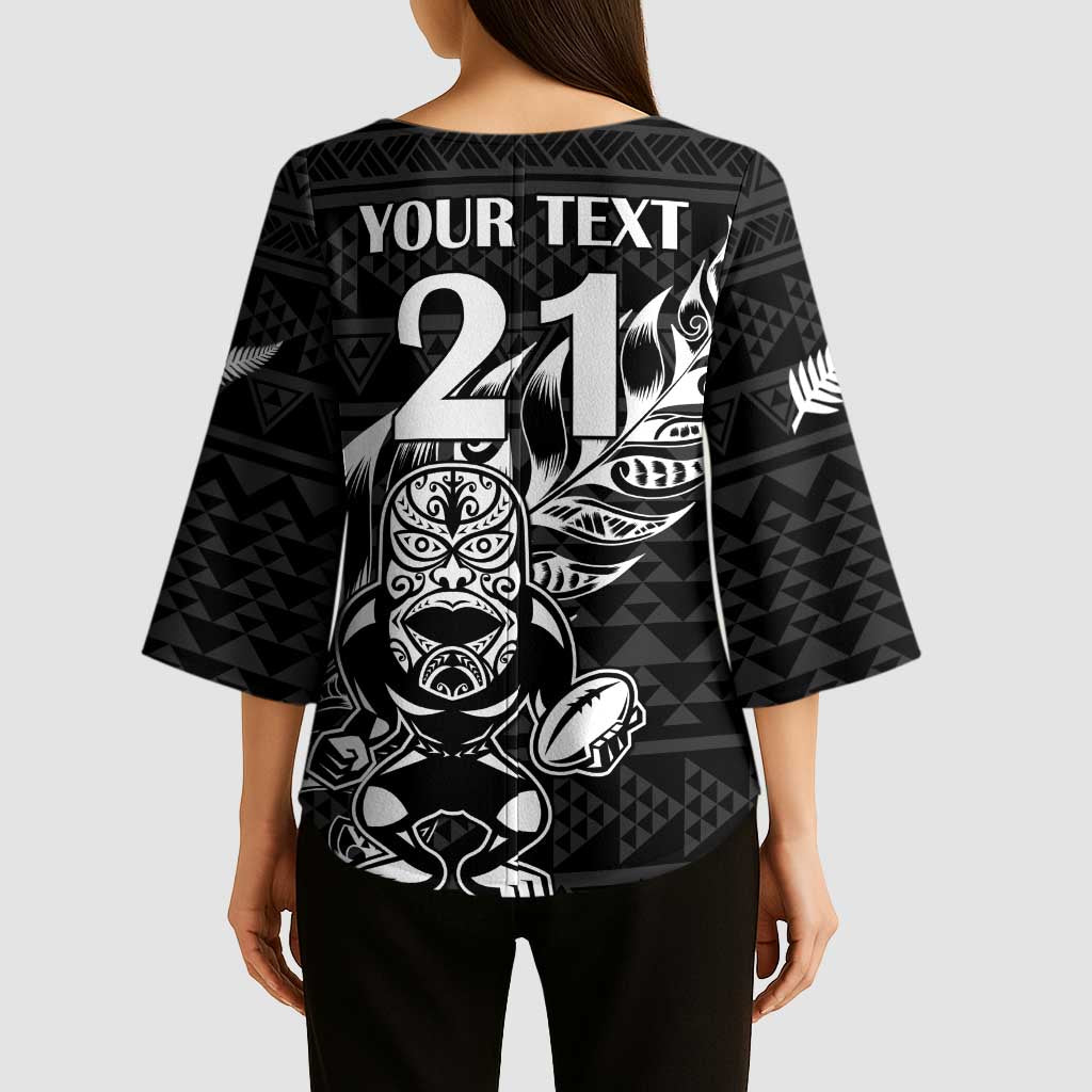 New Zealand Rugby Warrior Custom Kimono Sleeve Blouse Black Fern Taniko Motif LT9 - Polynesian Pride