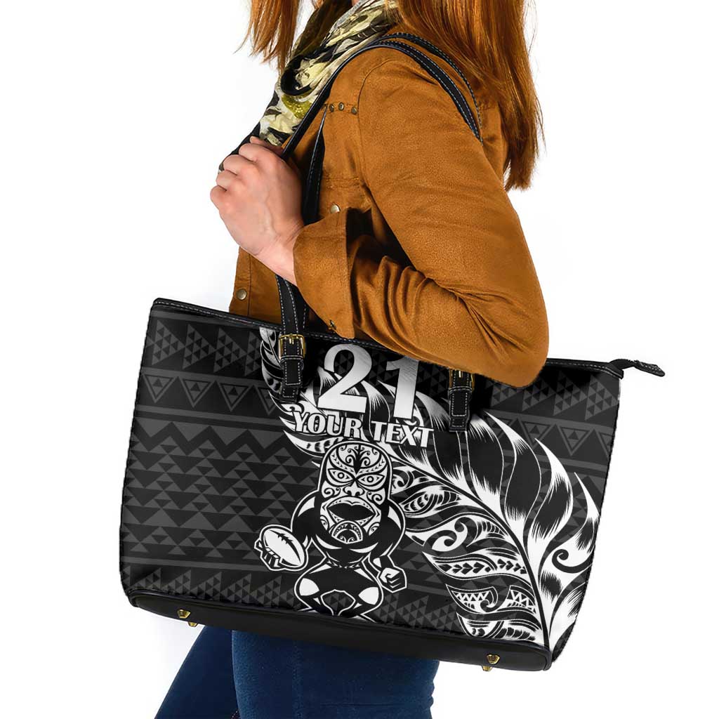 New Zealand Rugby Warrior Custom Leather Tote Bag Black Fern Taniko Motif LT9 Black - Polynesian Pride
