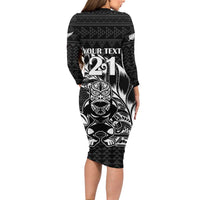 New Zealand Rugby Warrior Custom Long Sleeve Bodycon Dress Black Fern Taniko Motif LT9 - Polynesian Pride