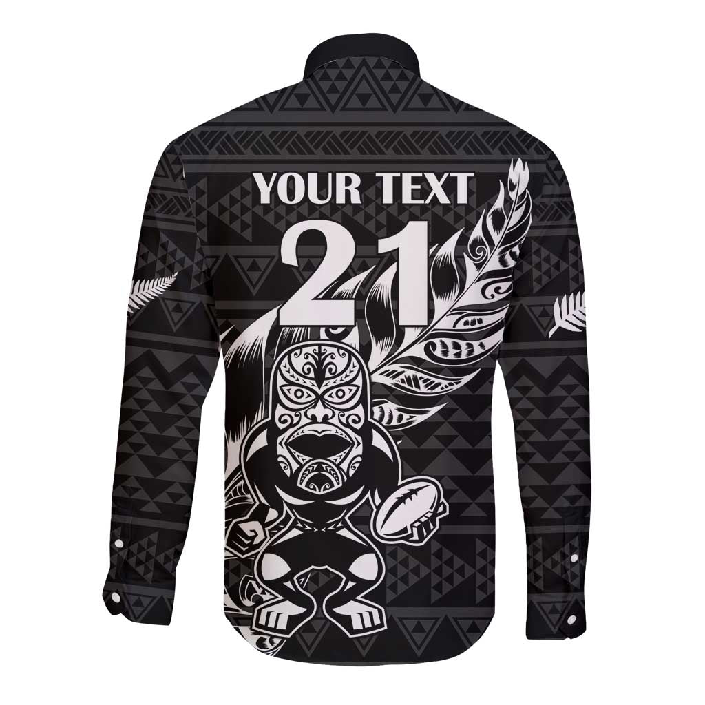 New Zealand Rugby Warrior Custom Long Sleeve Button Shirt Black Fern Taniko Motif
