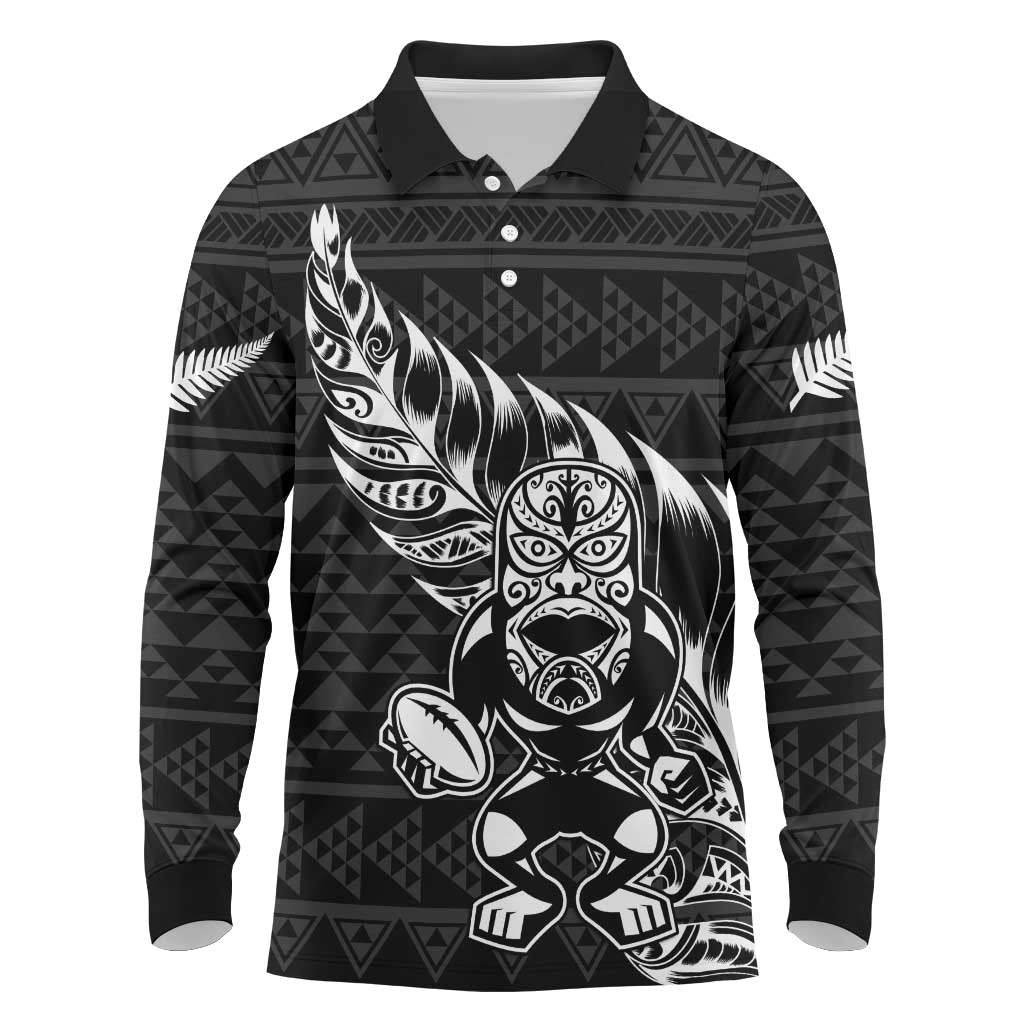 New Zealand Rugby Warrior Custom Long Sleeve Polo Shirt Black Fern Taniko Motif LT9 Black - Polynesian Pride