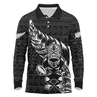 New Zealand Rugby Warrior Custom Long Sleeve Polo Shirt Black Fern Taniko Motif LT9 Black - Polynesian Pride