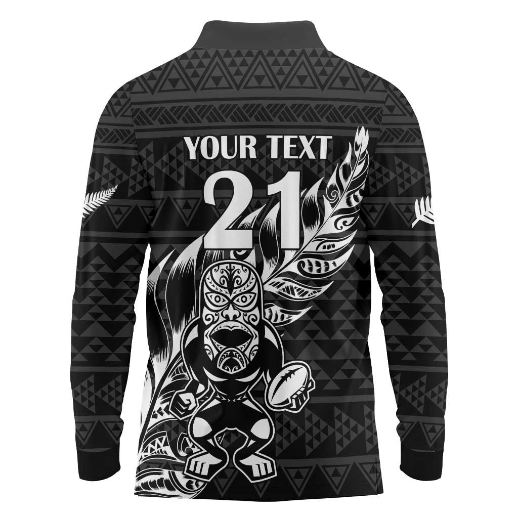 New Zealand Rugby Warrior Custom Long Sleeve Polo Shirt Black Fern Taniko Motif LT9 - Polynesian Pride