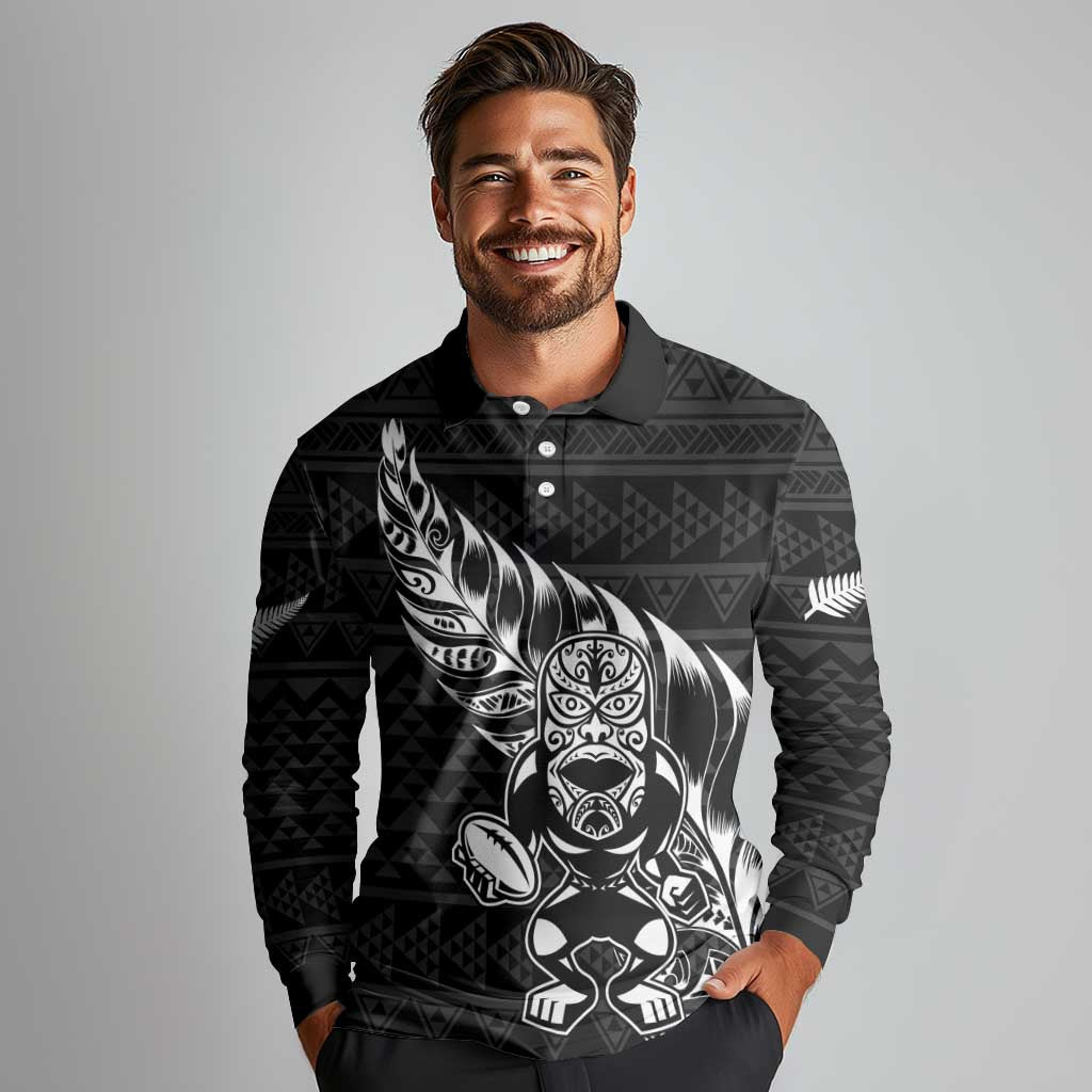 New Zealand Rugby Warrior Custom Long Sleeve Polo Shirt Black Fern Taniko Motif LT9 - Polynesian Pride