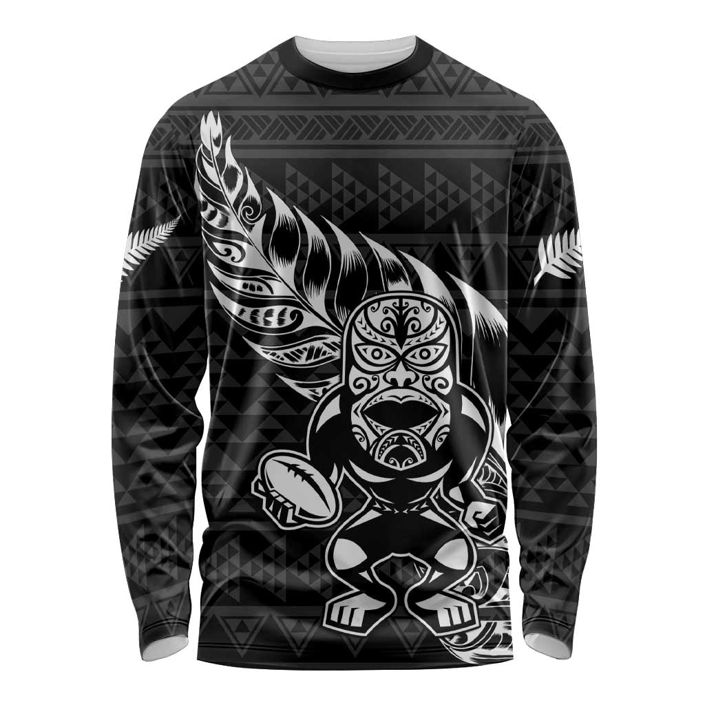 New Zealand Rugby Warrior Custom Long Sleeve Shirt Black Fern Taniko Motif LT9 Unisex Black - Polynesian Pride