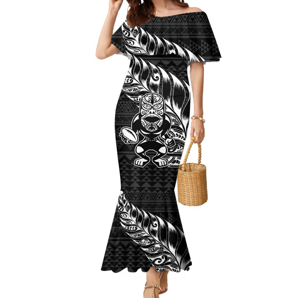 New Zealand Rugby Warrior Custom Mermaid Dress Black Fern Taniko Motif LT9 Women Black - Polynesian Pride
