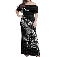 New Zealand Rugby Warrior Custom Off Shoulder Maxi Dress Black Fern Taniko Motif LT9 Women Black - Polynesian Pride
