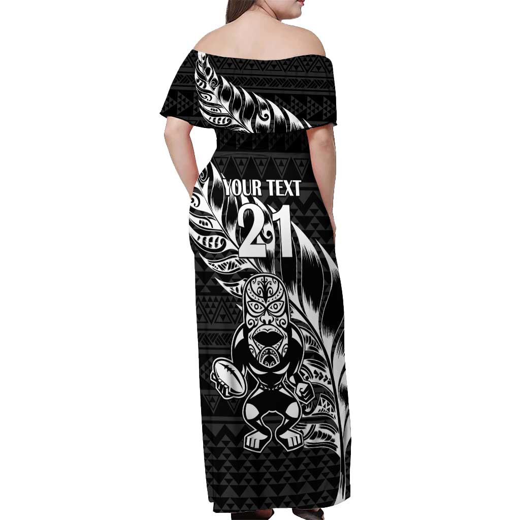 New Zealand Rugby Warrior Custom Off Shoulder Maxi Dress Black Fern Taniko Motif LT9 - Polynesian Pride