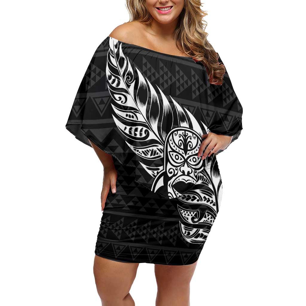 New Zealand Rugby Warrior Custom Off Shoulder Short Dress Black Fern Taniko Motif LT9 Women Black - Polynesian Pride