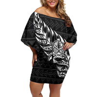 New Zealand Rugby Warrior Custom Off Shoulder Short Dress Black Fern Taniko Motif LT9 Women Black - Polynesian Pride