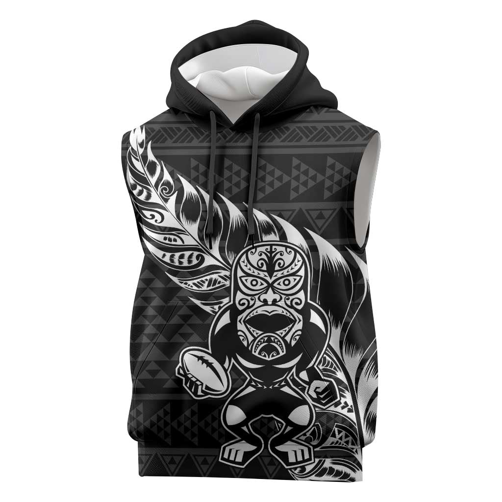 New Zealand Rugby Warrior Custom Sleeveless Hoodie Black Fern Taniko Motif LT9 Black - Polynesian Pride