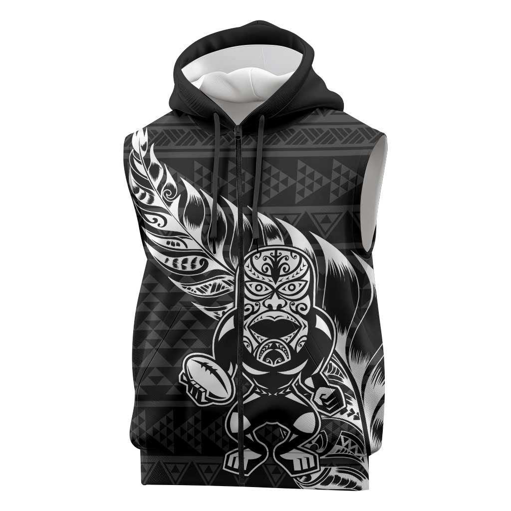 New Zealand Rugby Warrior Custom Sleeveless Zip Hoodie Black Fern Taniko Motif LT9 Black - Polynesian Pride
