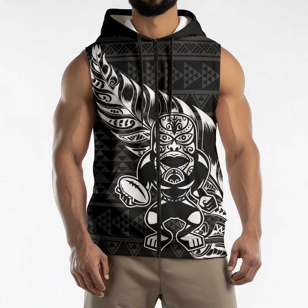 New Zealand Rugby Warrior Custom Sleeveless Zip Hoodie Black Fern Taniko Motif LT9 - Polynesian Pride