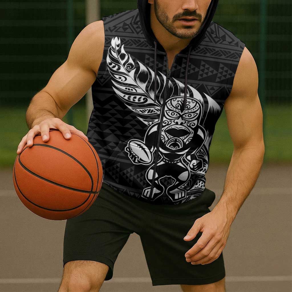 New Zealand Rugby Warrior Custom Sleeveless Zip Hoodie Black Fern Taniko Motif LT9 - Polynesian Pride