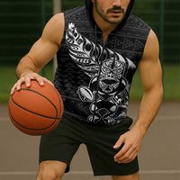 New Zealand Rugby Warrior Custom Sleeveless Zip Hoodie Black Fern Taniko Motif LT9 - Polynesian Pride