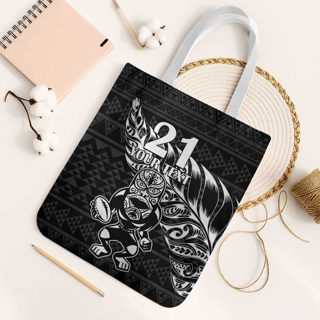New Zealand Rugby Warrior Custom Tote Bag Black Fern Taniko Motif LT9 White Strap One Size Black - Polynesian Pride
