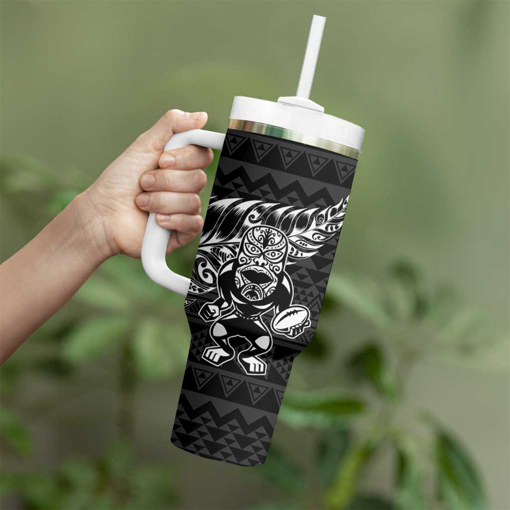 New Zealand Rugby Warrior Custom Tumbler With Handle Black Fern Taniko Motif LT9 - Polynesian Pride