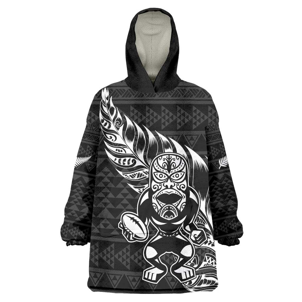 New Zealand Rugby Warrior Custom Wearable Blanket Hoodie Black Fern Taniko Motif LT9 One Size Black - Polynesian Pride