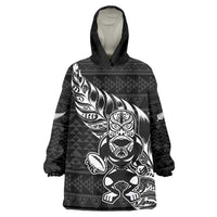 New Zealand Rugby Warrior Custom Wearable Blanket Hoodie Black Fern Taniko Motif LT9 One Size Black - Polynesian Pride