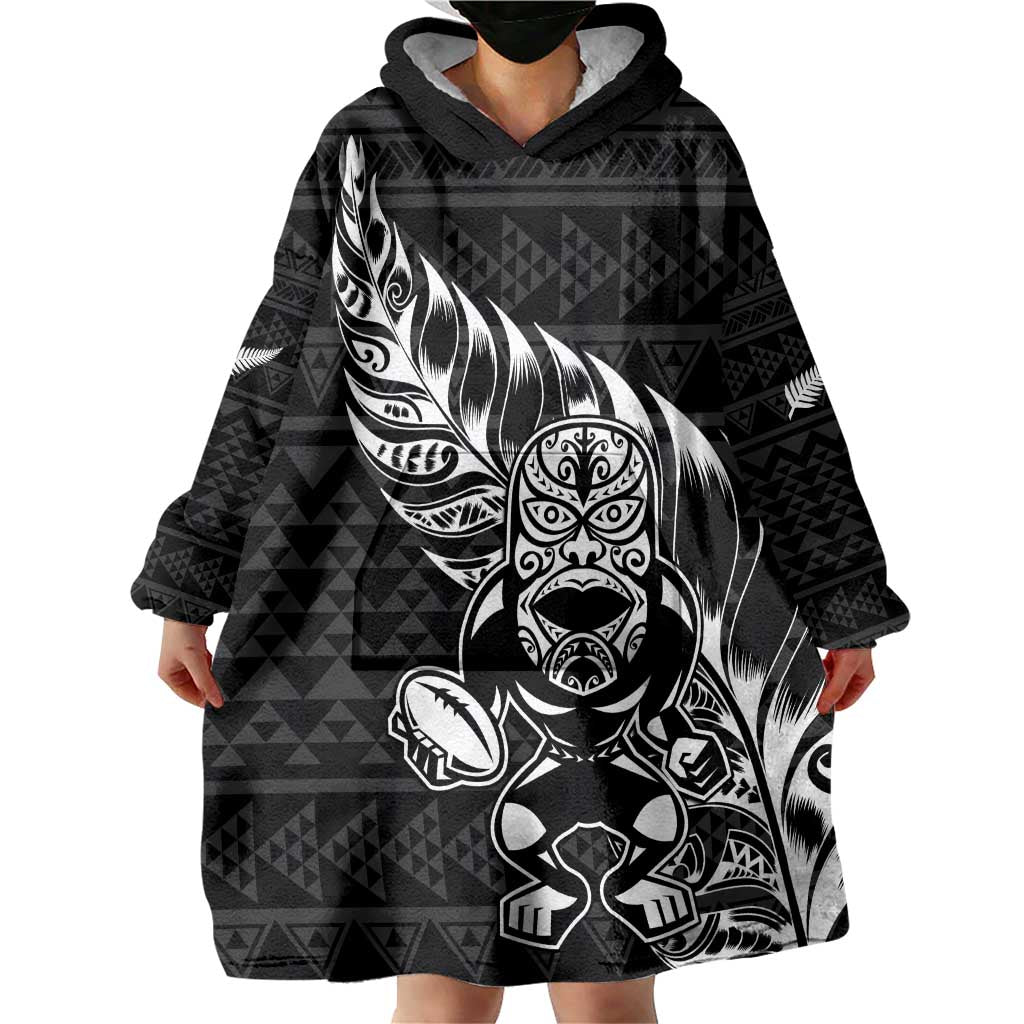 New Zealand Rugby Warrior Custom Wearable Blanket Hoodie Black Fern Taniko Motif LT9 - Polynesian Pride