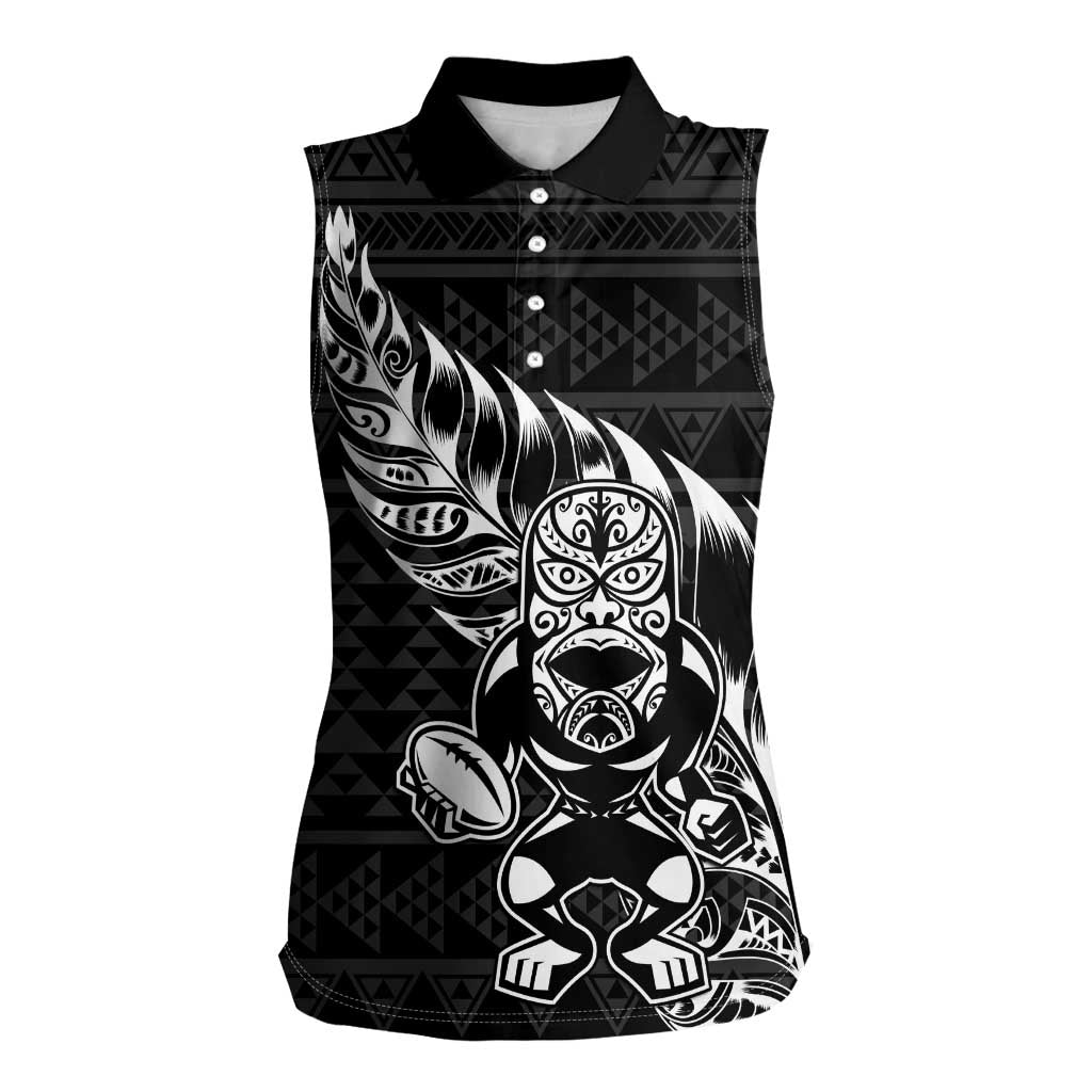 New Zealand Rugby Warrior Custom Women Sleeveless Polo Shirt Black Fern Taniko Motif LT9 Female Black - Polynesian Pride