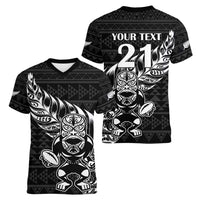 New Zealand Rugby Warrior Custom Women V-Neck T-Shirt Black Fern Taniko Motif LT9 - Polynesian Pride