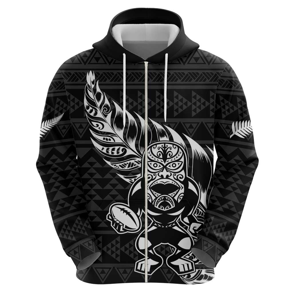 New Zealand Rugby Warrior Custom Zip Hoodie Black Fern Taniko Motif LT9 - Polynesian Pride