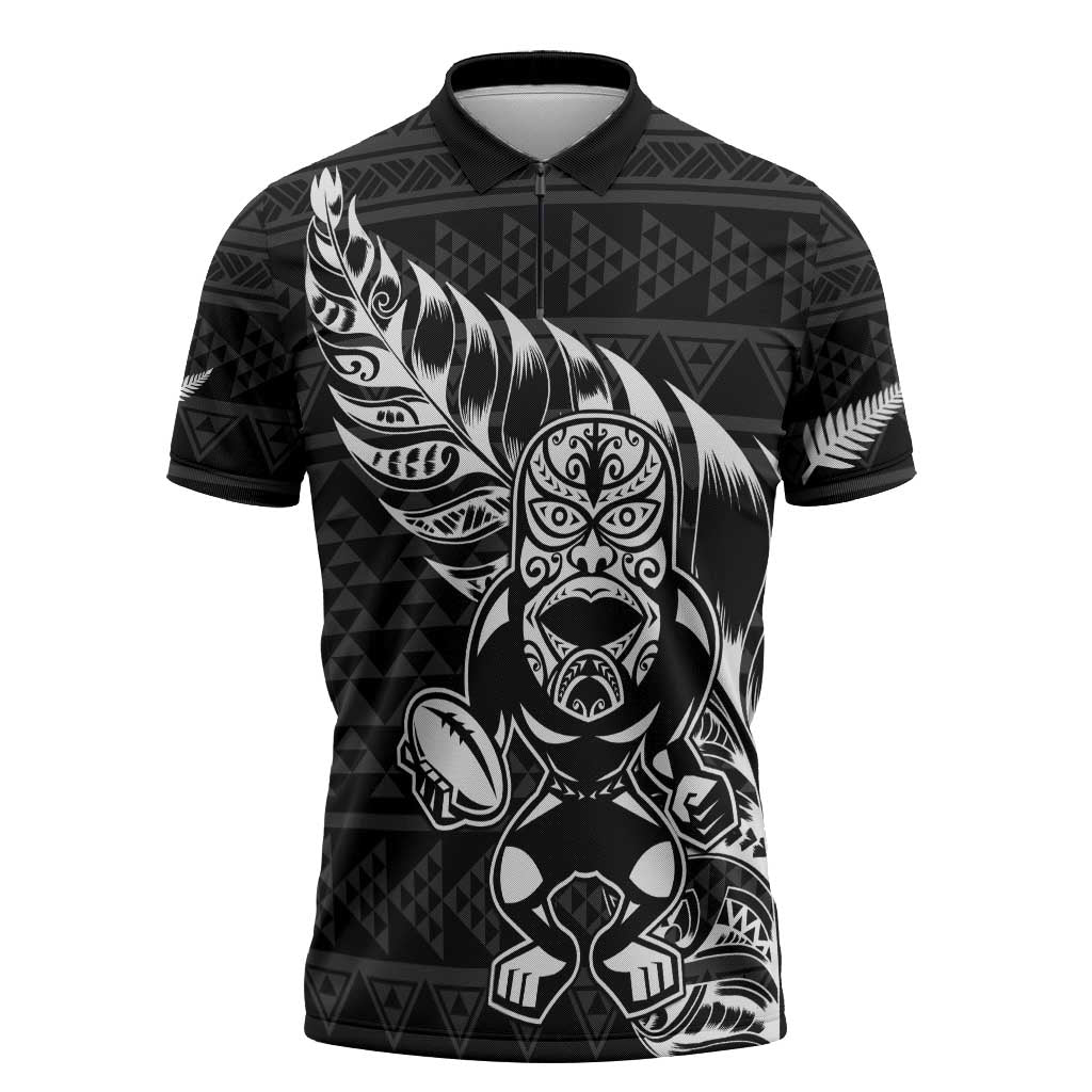 New Zealand Rugby Warrior Custom Zipper Polo Shirt Black Fern Taniko Motif LT9 Black - Polynesian Pride