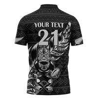 New Zealand Rugby Warrior Custom Zipper Polo Shirt Black Fern Taniko Motif LT9 - Polynesian Pride