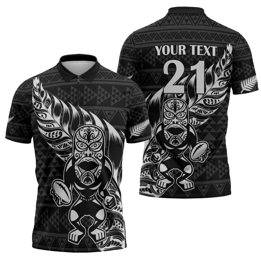 New Zealand Rugby Warrior Custom Zipper Polo Shirt Black Fern Taniko Motif LT9 - Polynesian Pride