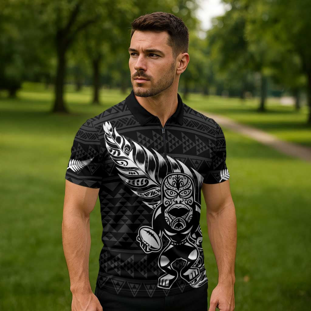 New Zealand Rugby Warrior Custom Zipper Polo Shirt Black Fern Taniko Motif LT9 - Polynesian Pride