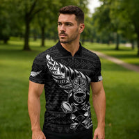 New Zealand Rugby Warrior Custom Zipper Polo Shirt Black Fern Taniko Motif LT9 - Polynesian Pride